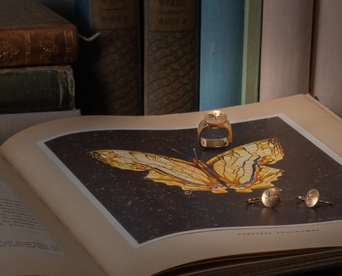 Ring und Ohrhänger in Roségold 750 mit Flachstichgravur Libelle